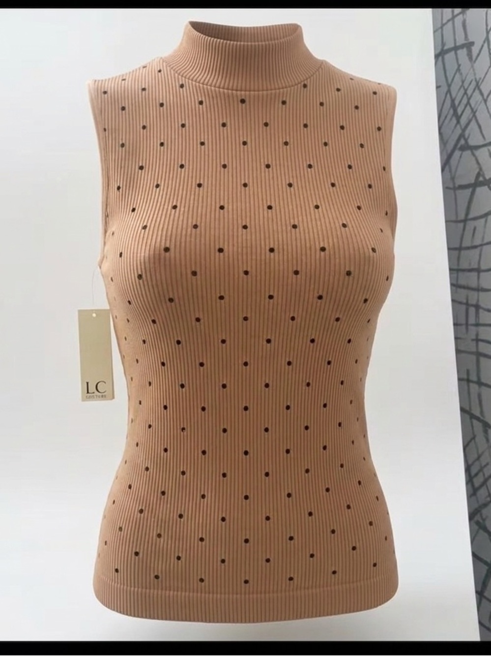 Tan Sleeveless Polka Dot Top